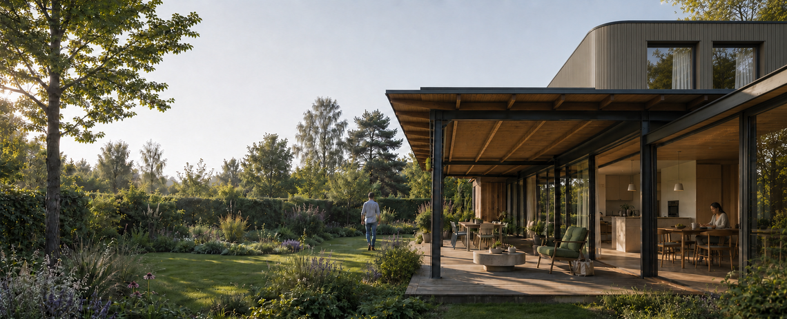 Lichte woonruimte ontworpen door LAM architects, met open verbinding naar de tuin, een diepe houten vensterbank en mensen in dagelijks gebruik.