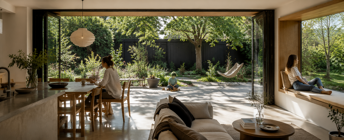 Lichte woonruimte ontworpen door LAM architects, met open verbinding naar de tuin, een diepe houten vensterbank en mensen in dagelijks gebruik.