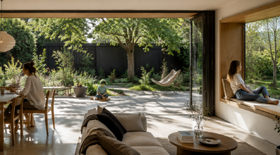 Lichte woonruimte ontworpen door LAM architects, met open verbinding naar de tuin, een diepe houten vensterbank en mensen in dagelijks gebruik.