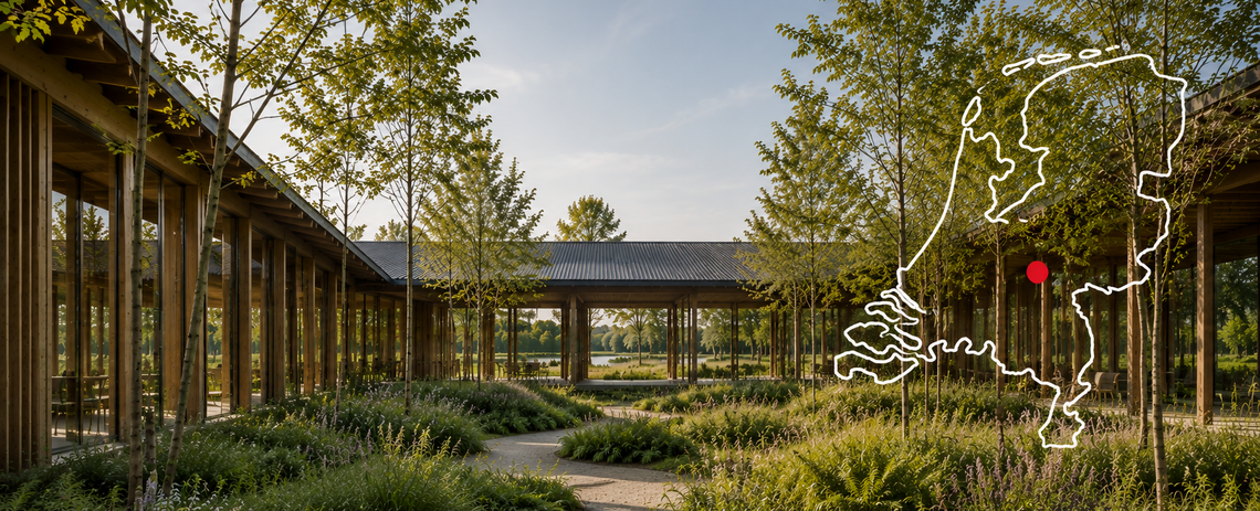 Contactpagina van LAM architects met biophilic architectuur, groene binnentuin en kaart van Nederland met vestigingslocatie.