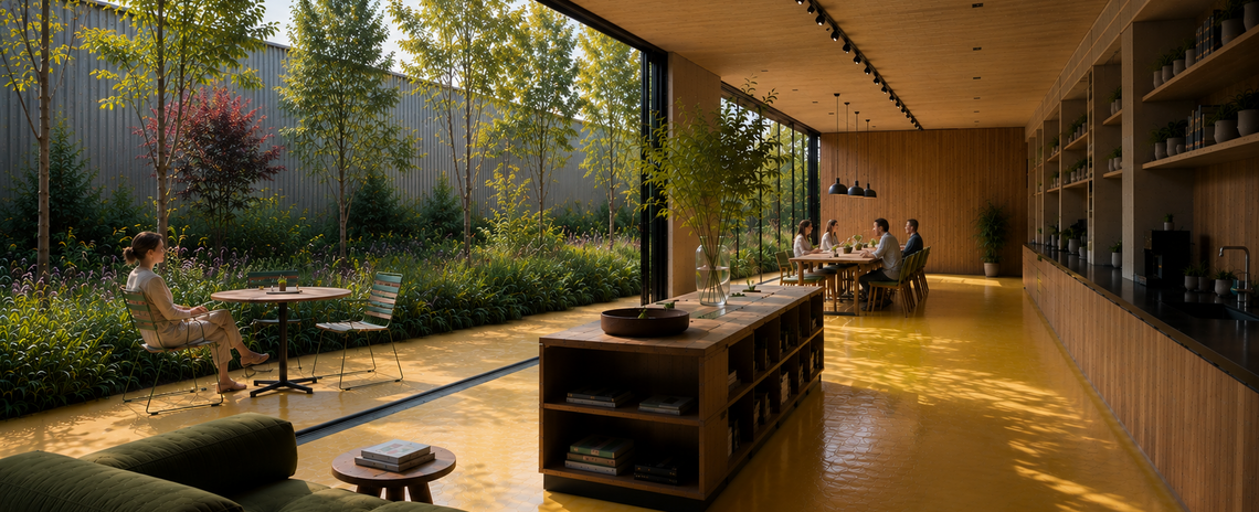Werkomgeving met Biophilic Design en veel natuurlijk licht