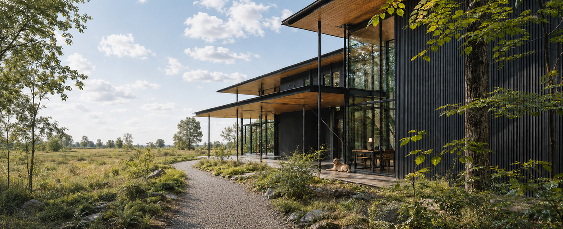 Moderne landgoedwoning in een open Nederlands landschap, met grote glaspartijen, overstekende daken en een hond op het terras.