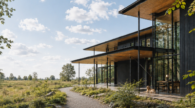 Moderne landgoedwoning in een open Nederlands landschap, met grote glaspartijen, overstekende daken en een hond op het terras.