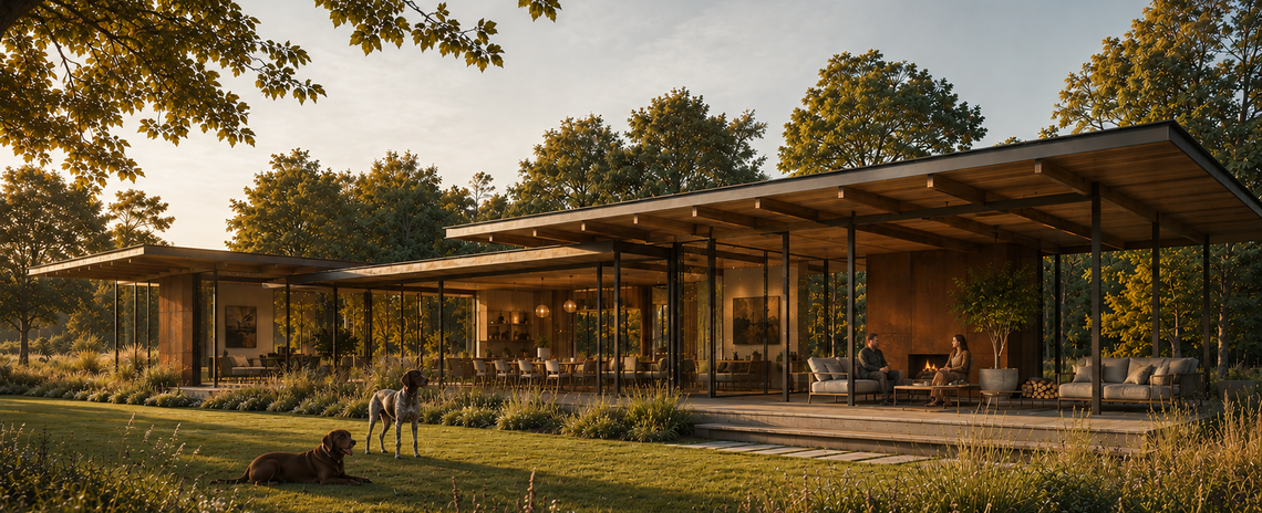 Moderne maatwerkwoning met veel daglicht, natuurlijke materialen en een sterke relatie tussen woning, tuin en landschap.