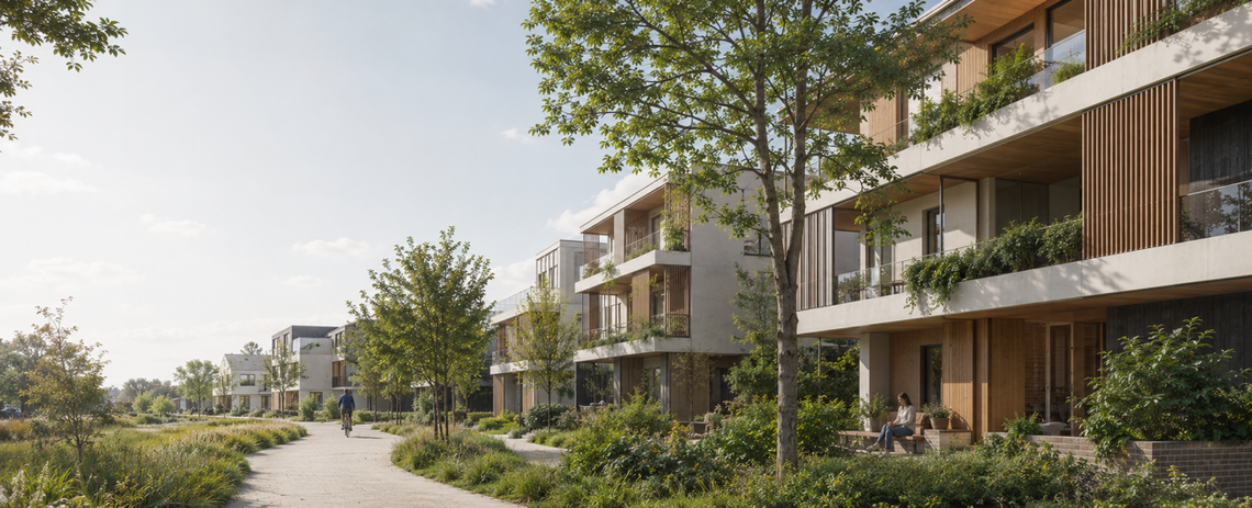 Sfeerbeeld van bewoners in een groene woonomgeving met bakstenen woongebouwen, beschutte entrees en zitplekken.