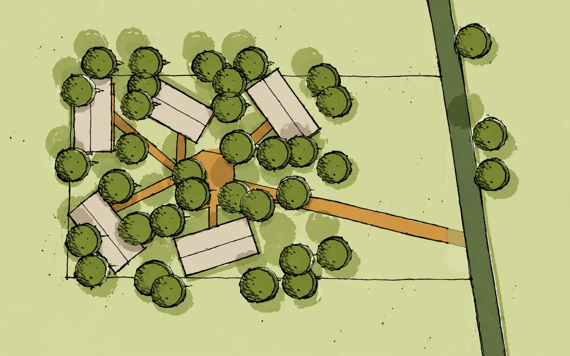 Schets voor erfdelers met gedeelde buitenruimte, compacte woningen en landschappelijke setting