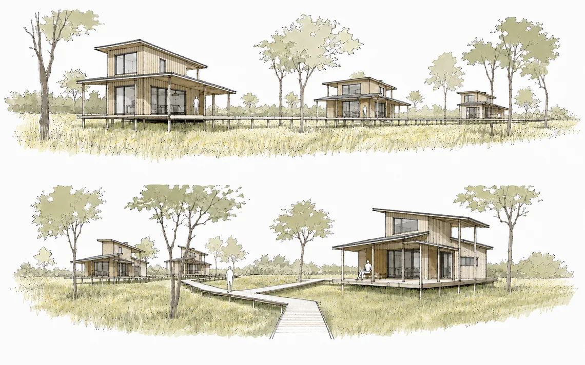 schets van  collectief wonen in een groen landschap zonder harde erfgrenzen