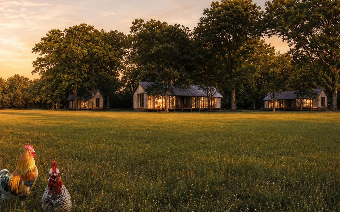 Landschap met open veld en bosrand als context voor collectief wonen