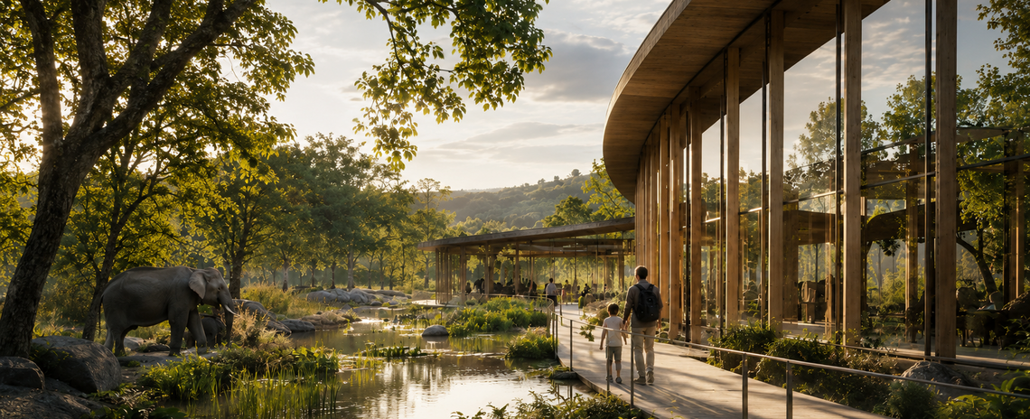 Nature-integrated architecture beside a wildlife habitat, illustrating meaningful connections between people, nature and place.