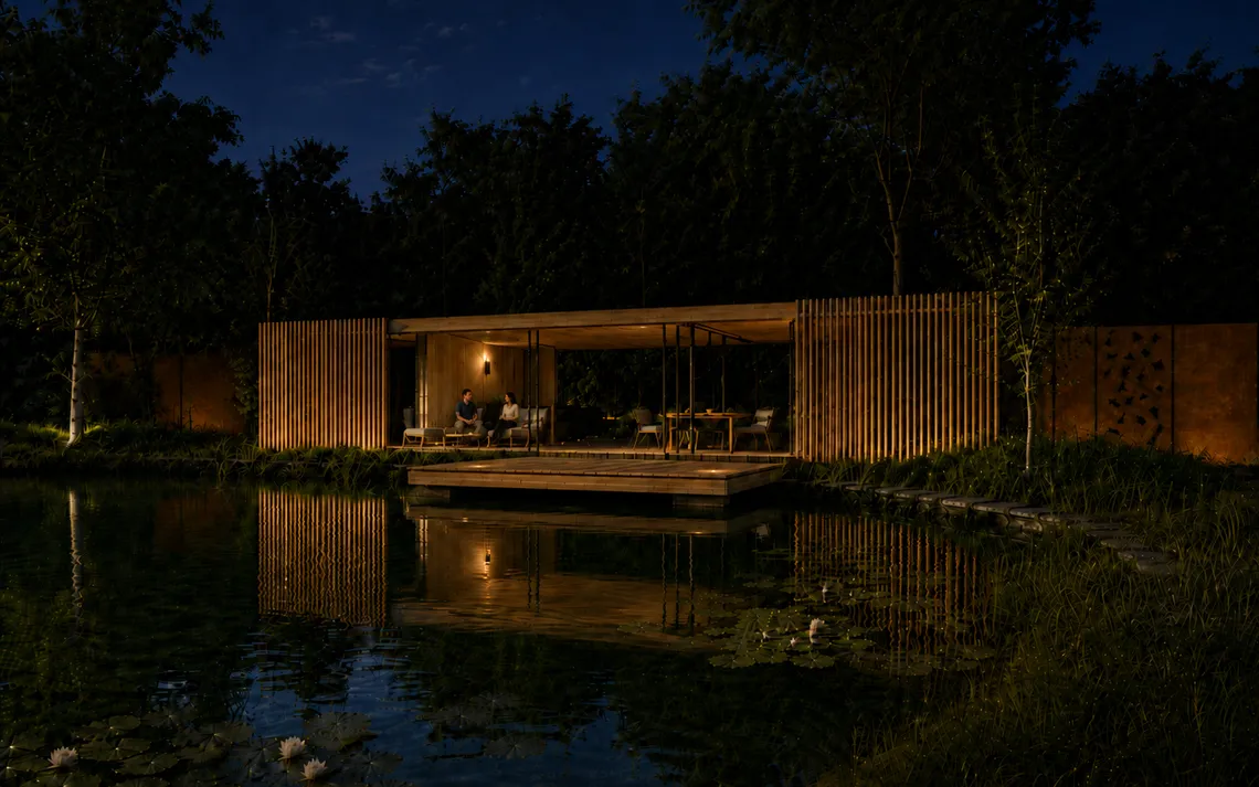 foto poulhouse aan vijver bij nacht