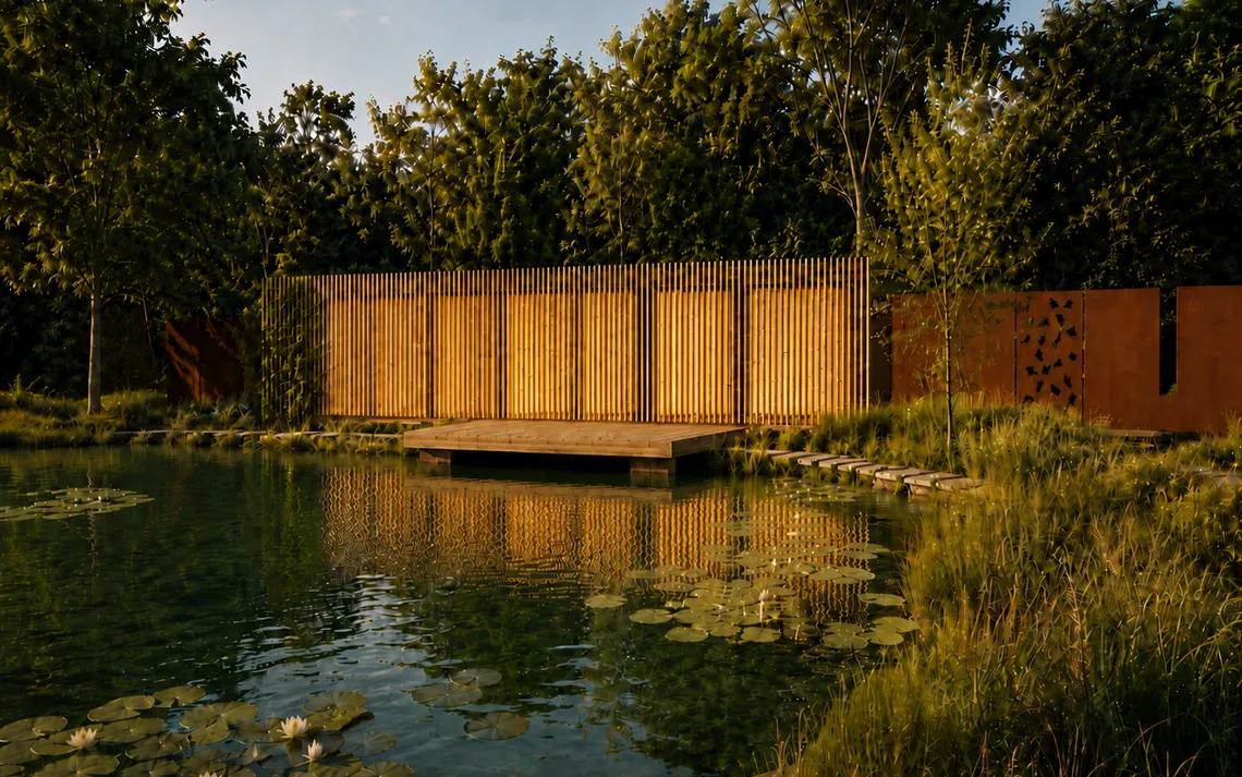 poolhouse of gastenverblijf in de avond