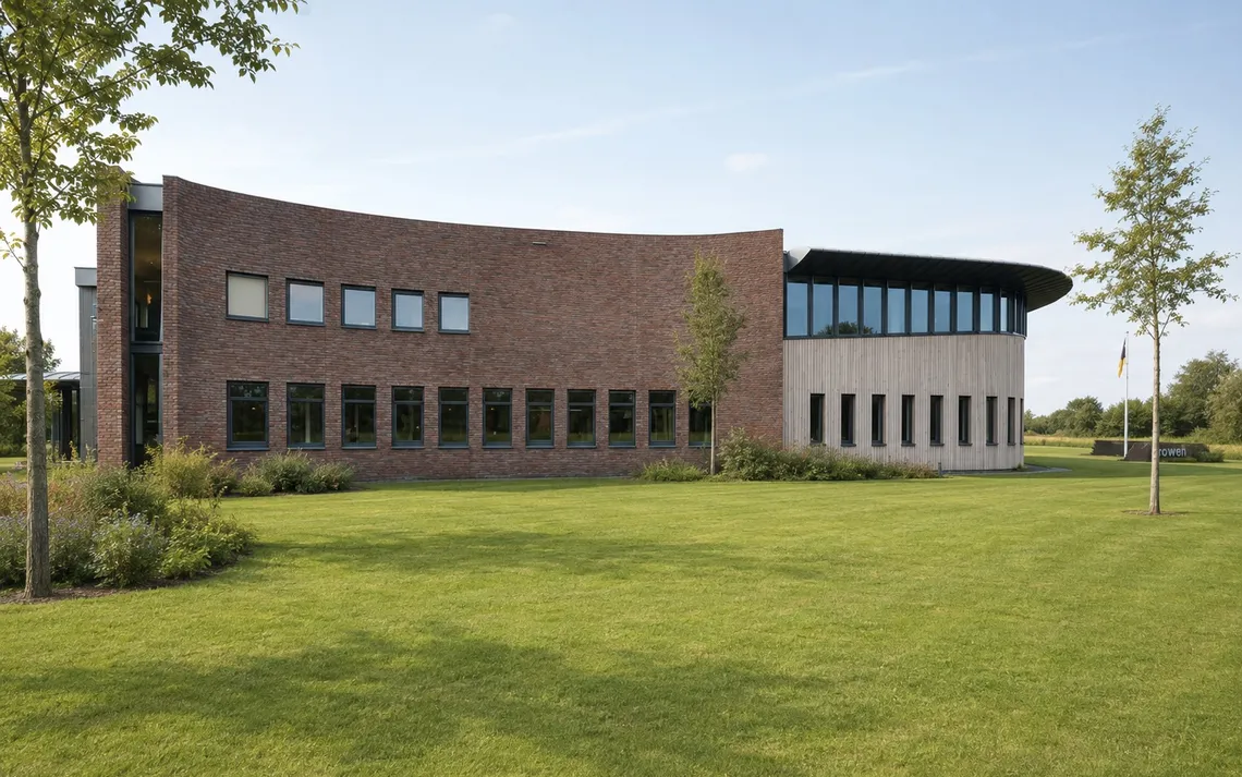 Overzicht van het ProWonen-kantoor met ronde gebouwvorm, glazen gevel en groene inpassing.