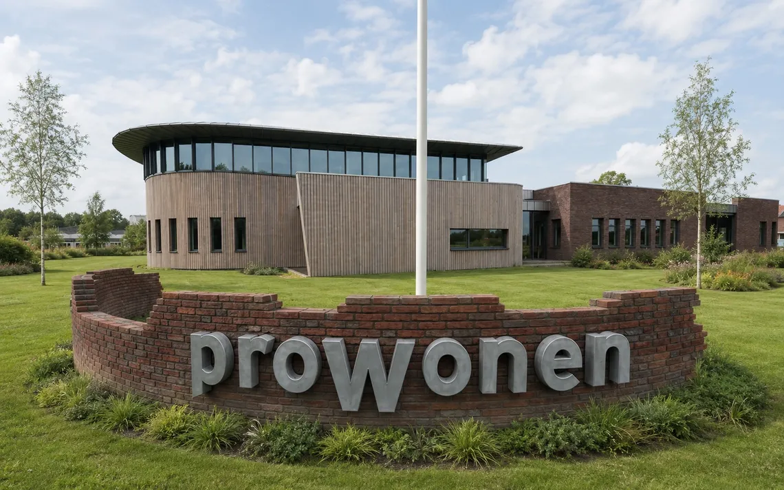 ProWonen-kantoor in Borculo met entree en ProWonen-logo op het voorplein.
