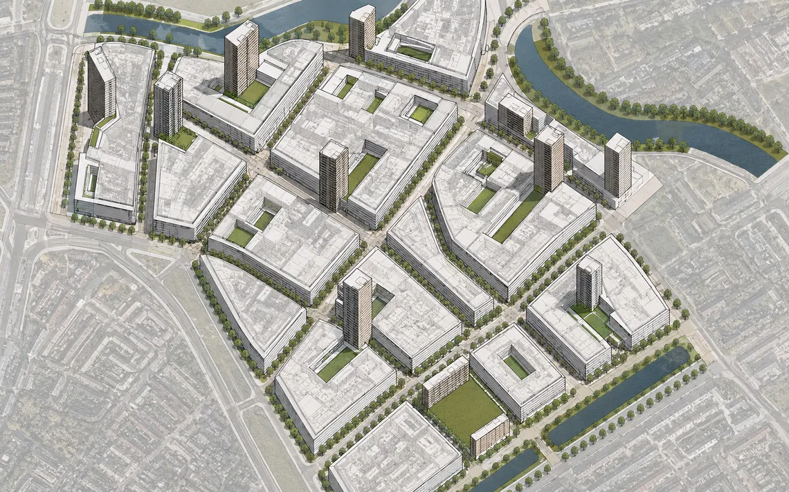 Schetsmatige verkenning van het Stadsvernieuwing  principe voor het Oude Noorden. De tekening onderzoekt hoe verborgen pleinen kunnen worden geactiveerd, hoe auto’s uit de straat verdwijnen en hoe nieuwe woonruimte, groen en openbare ruimte samen een sterker wijkweefsel vormen.